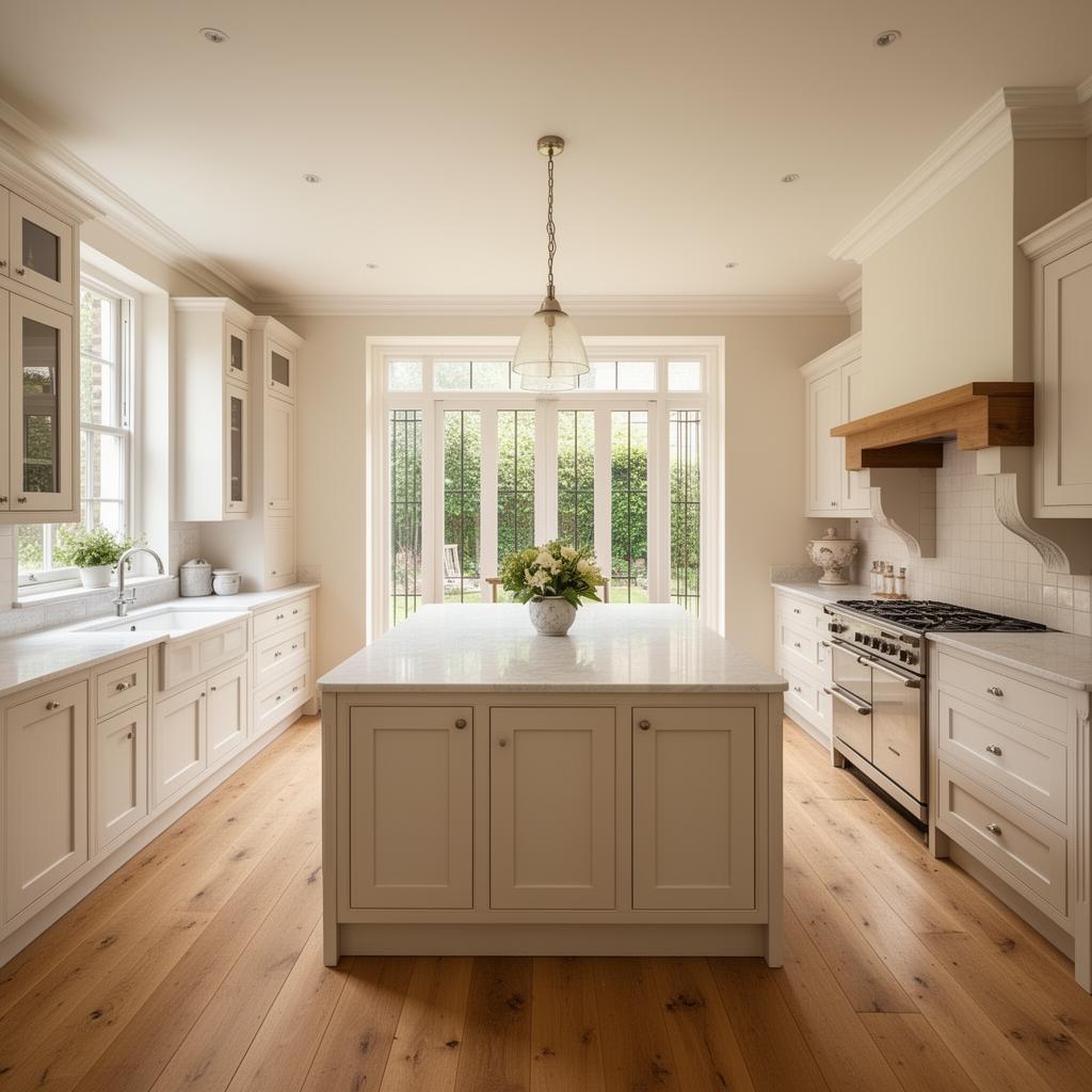 After: hand-painted shaker kitchen with crittall garden doors, marble island and walk-in pantry, built by Bravo London in Wandsworth, SW18