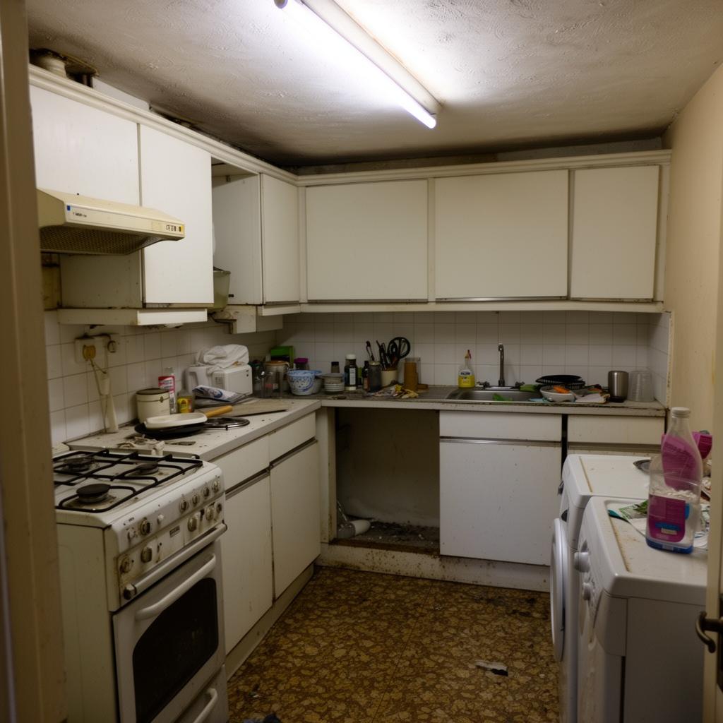 Before: cramped builder-grade apartment kitchen with mismatched cabinets in Fitzrovia, London W1