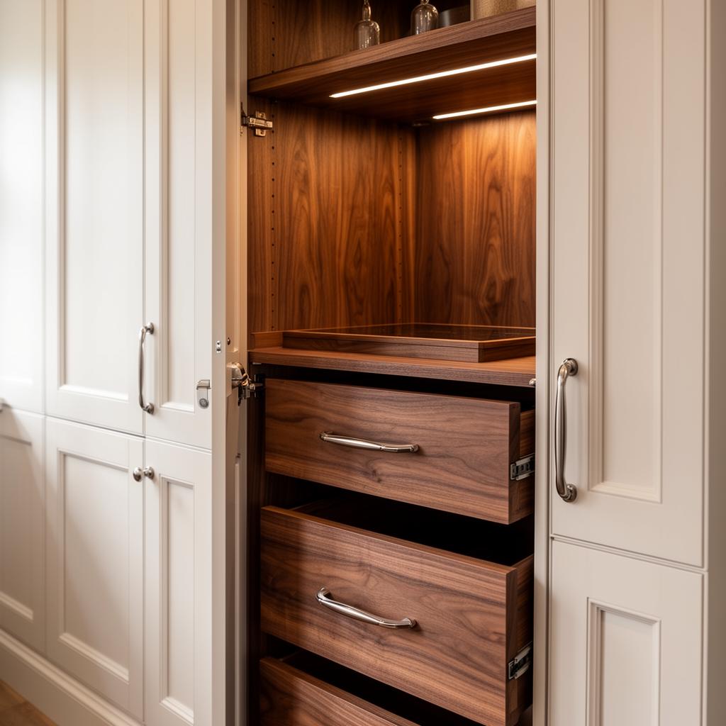 Bespoke kitchen cabinetry detail with walnut-lined drawer system