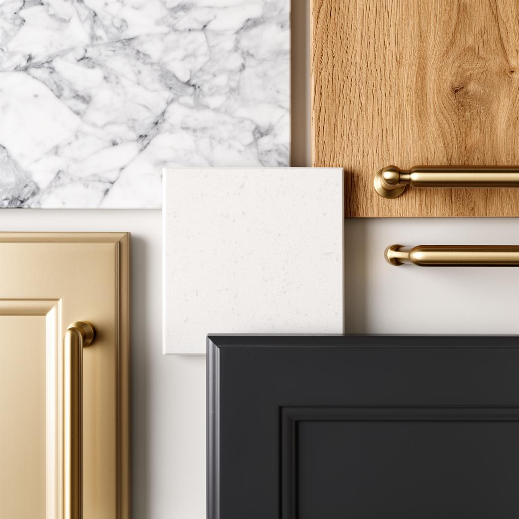 Premium kitchen finish samples — marble, quartz, oak and brushed brass