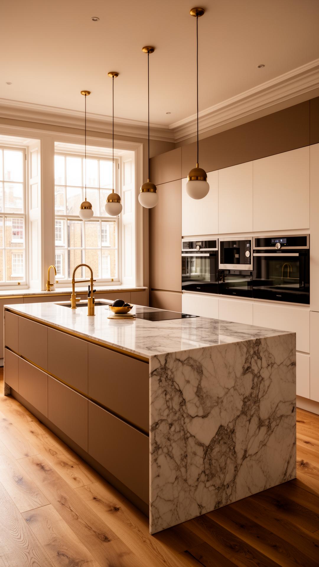 Luxury bespoke London kitchen with marble island, handleless cabinetry and brass details