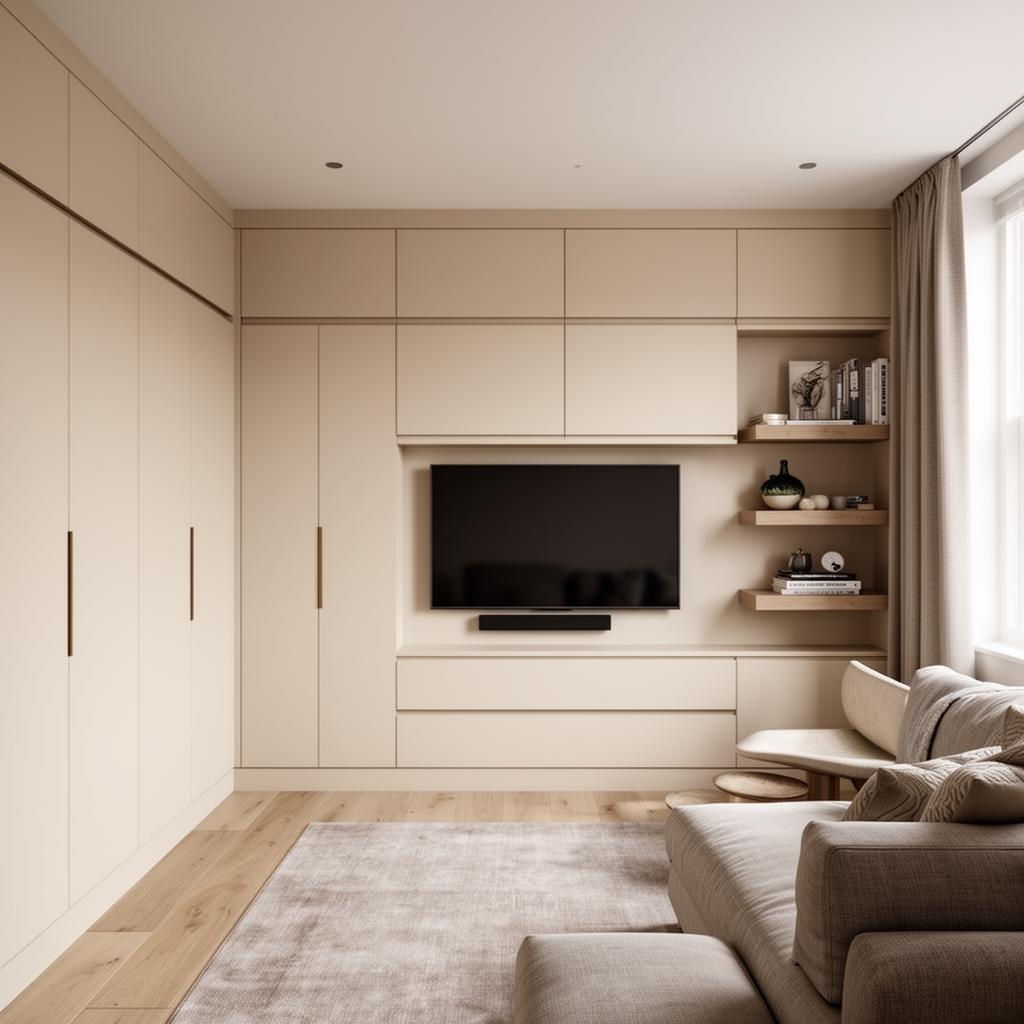 Compact London living room with bespoke wall-to-wall fitted storage