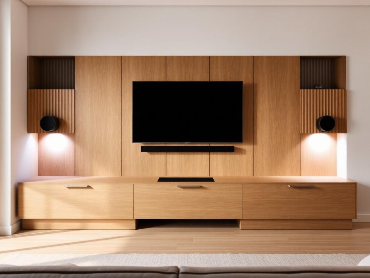 Fluted Oak Media Wall — Modern living room