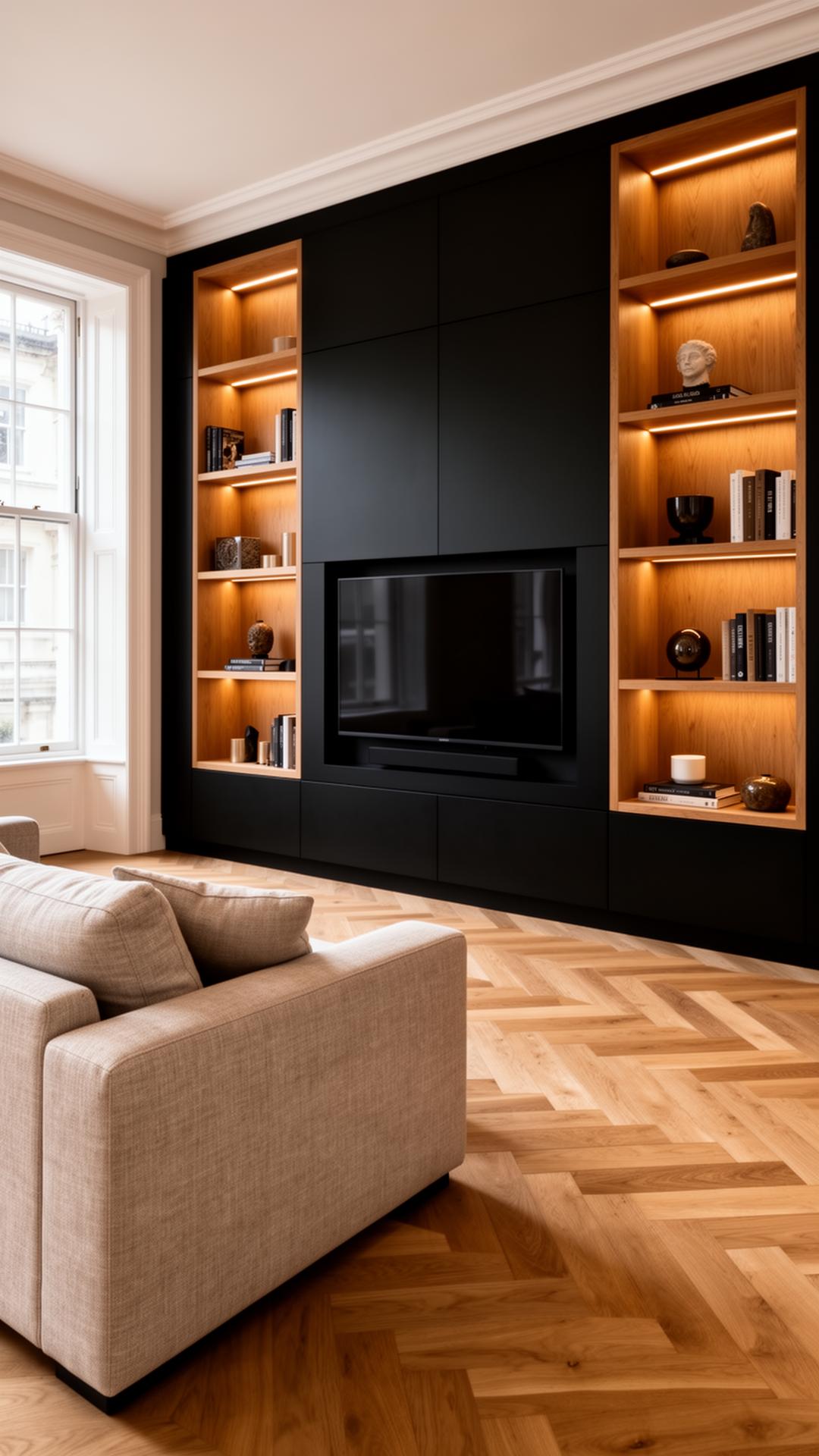 Bespoke fitted living furniture with media wall and display shelving in a London home