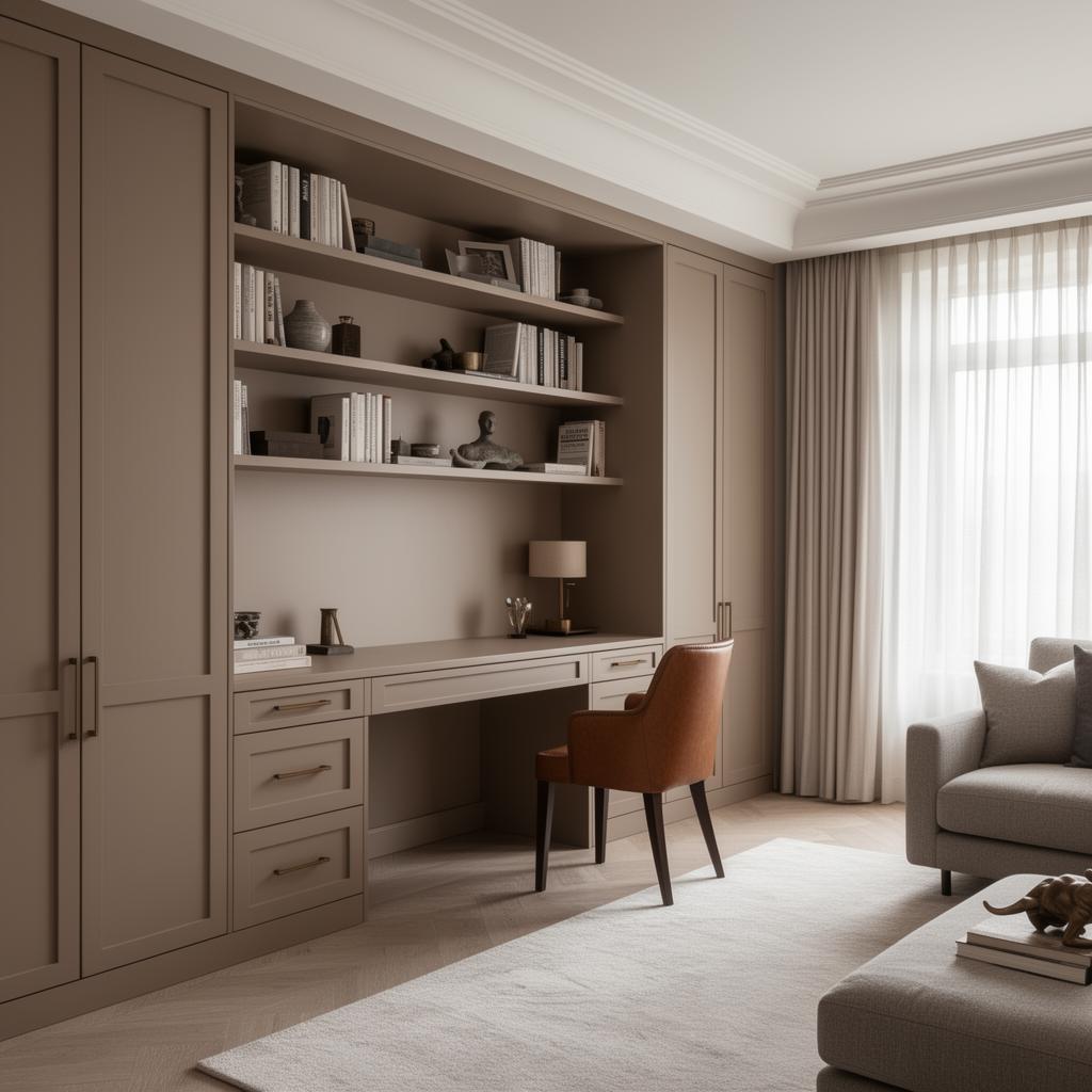 Bespoke fitted home office integrated into a living room with concealed storage