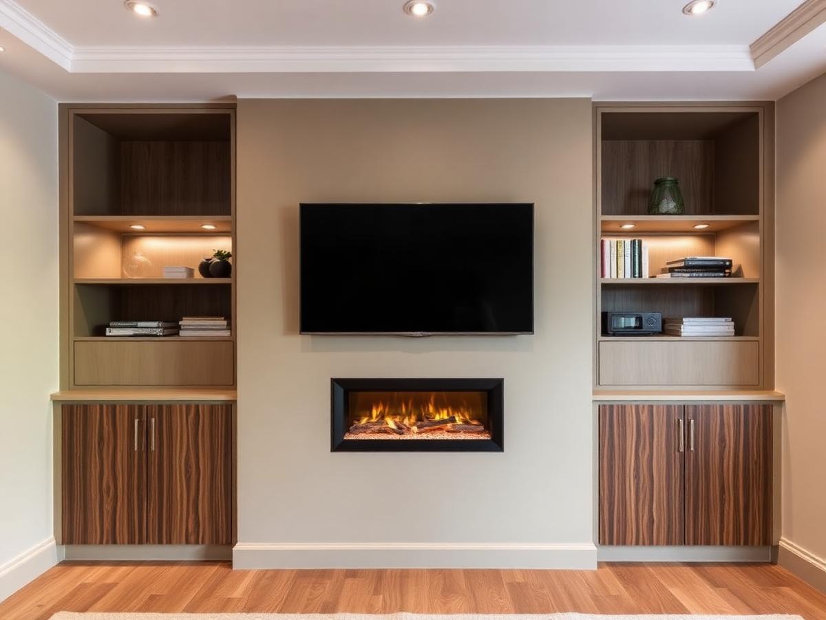 Media wall with an electric fireplace — bespoke media wall example