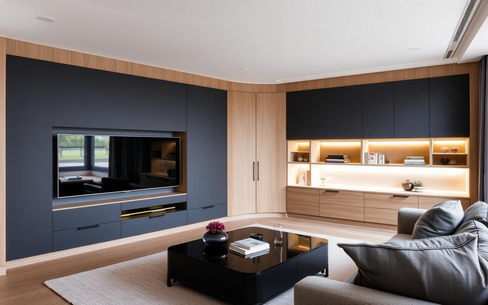 Bespoke media wall with integrated television and closed storage in a London living room