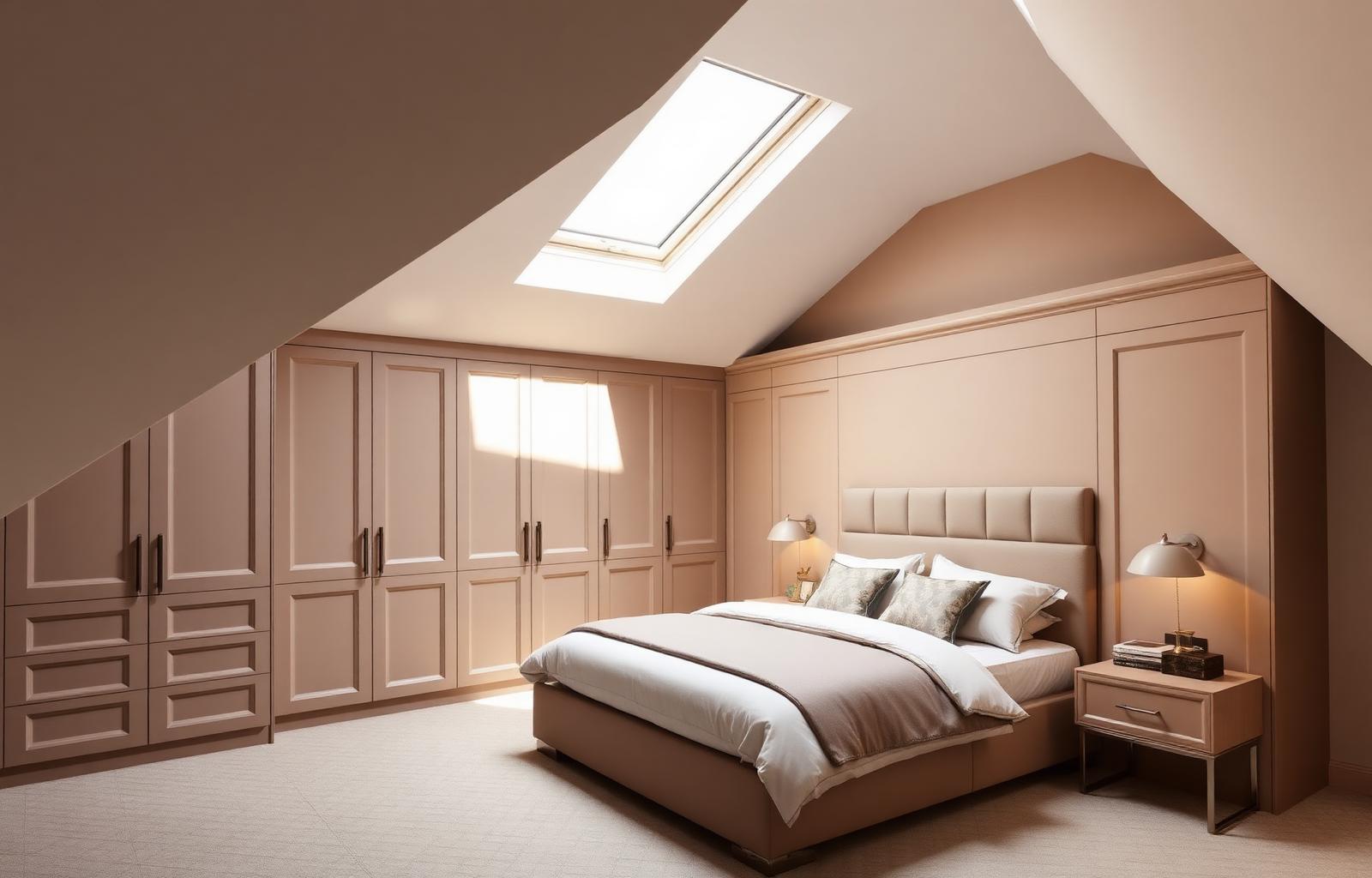 Bespoke loft fitted wardrobes under a sloped ceiling in a London bedroom