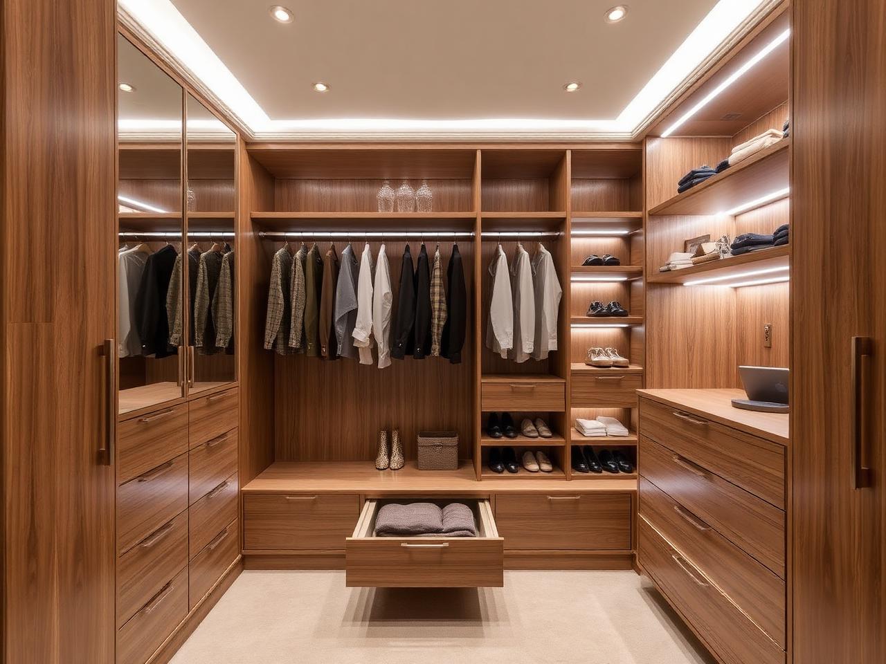 Bespoke loft wardrobe interior with hanging, drawers and shoe storage