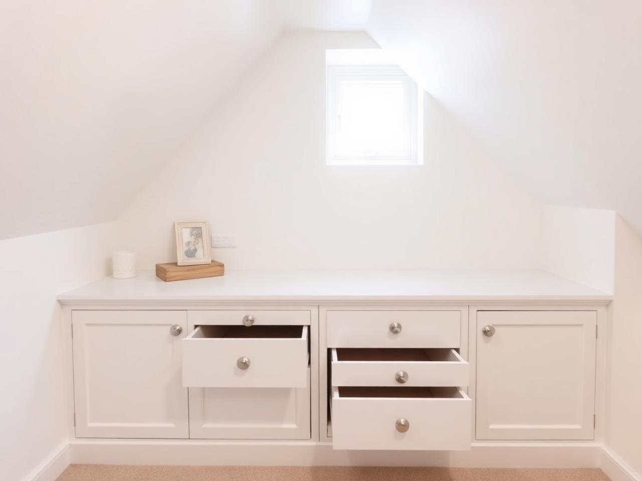 Made-to-measure low-height drawers and cupboards under sloped loft ceiling
