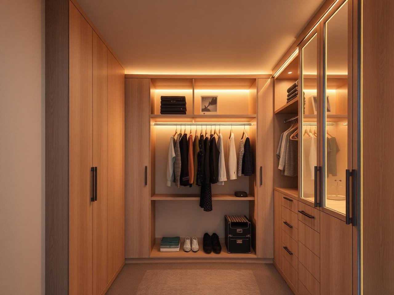 Walk-in wardrobe at dusk with warm integrated LED lighting illuminating walnut cabinets and glass-fronted doors