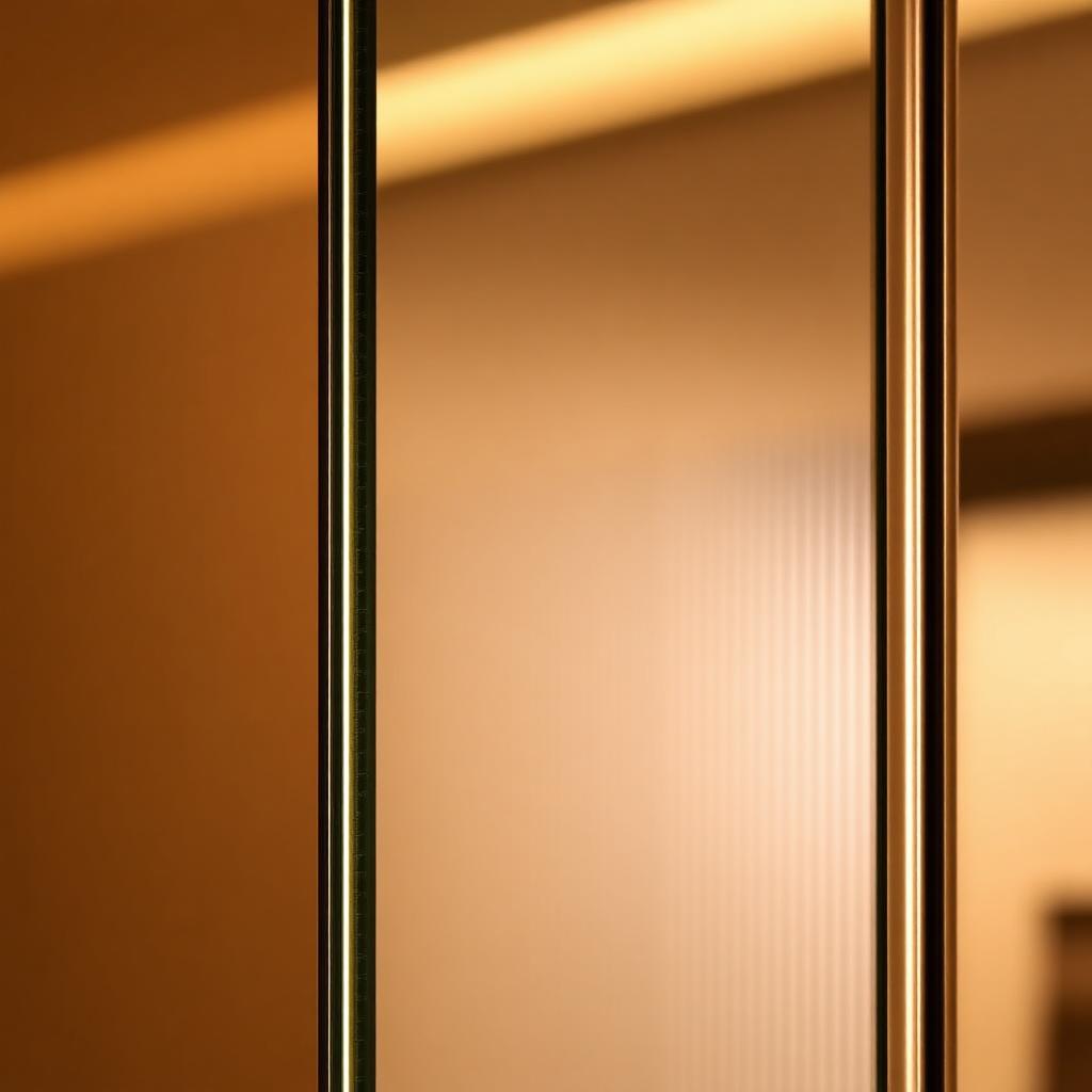Detail of bronze tinted mirror and fluted reeded glass with slim champagne aluminium frame on a luxury wardrobe door