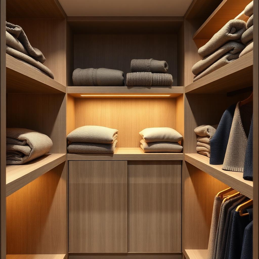 Interior of a luxury fitted wardrobe with linen-effect oatmeal carcass boards and warm wood shelves holding folded cashmere knitwear