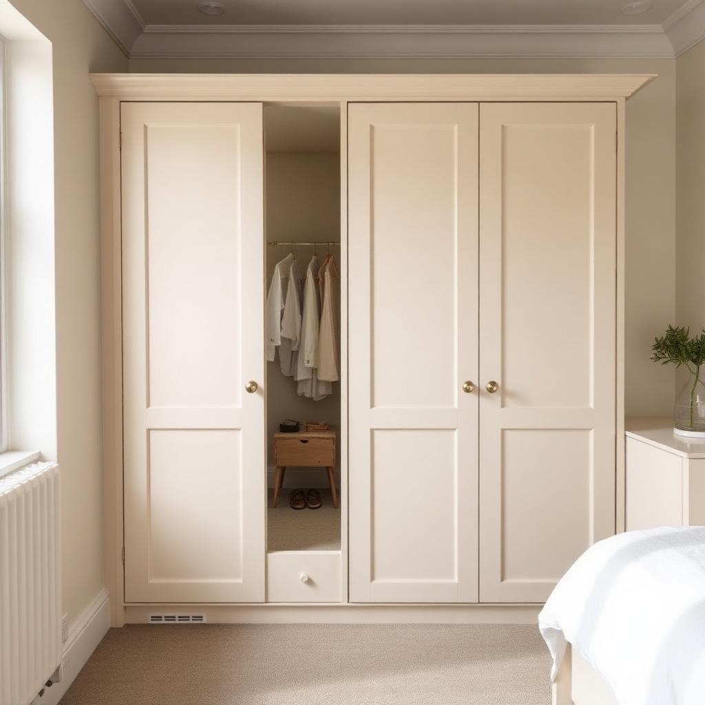 Soft warm-white painted lacquered shaker fitted wardrobe with brushed brass knob handles in a calm London bedroom