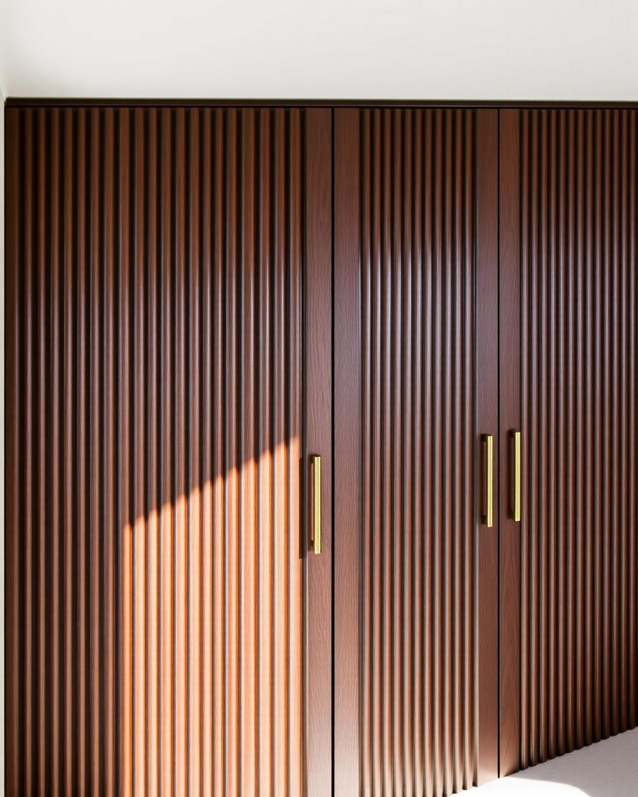 Fluted walnut wardrobe doors fitted between two walls in a period London bedroom with knurled brass handles