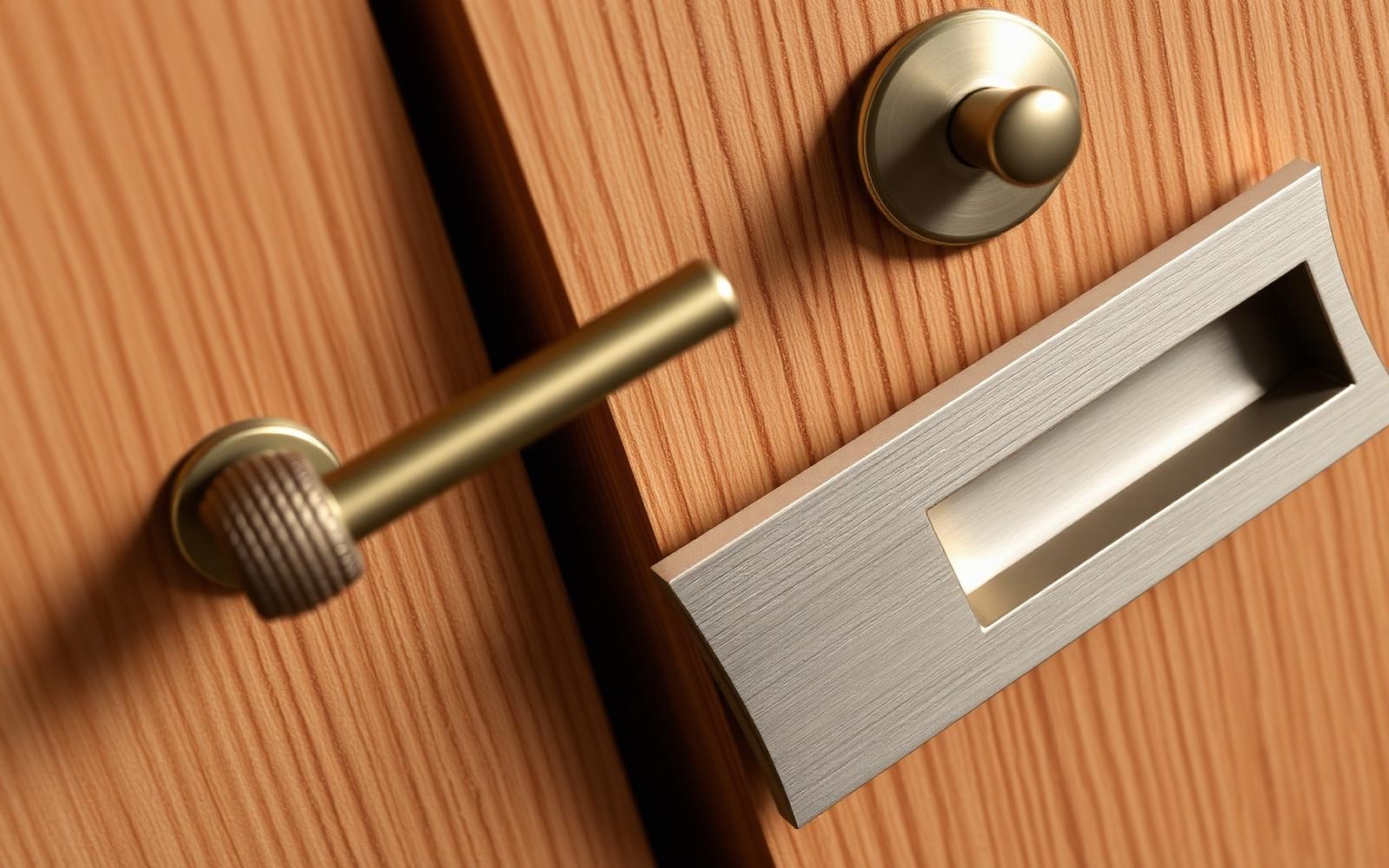 Premium wardrobe hardware including knurled brass handle, brushed bronze recessed pull and slim bar handle on an oak panel