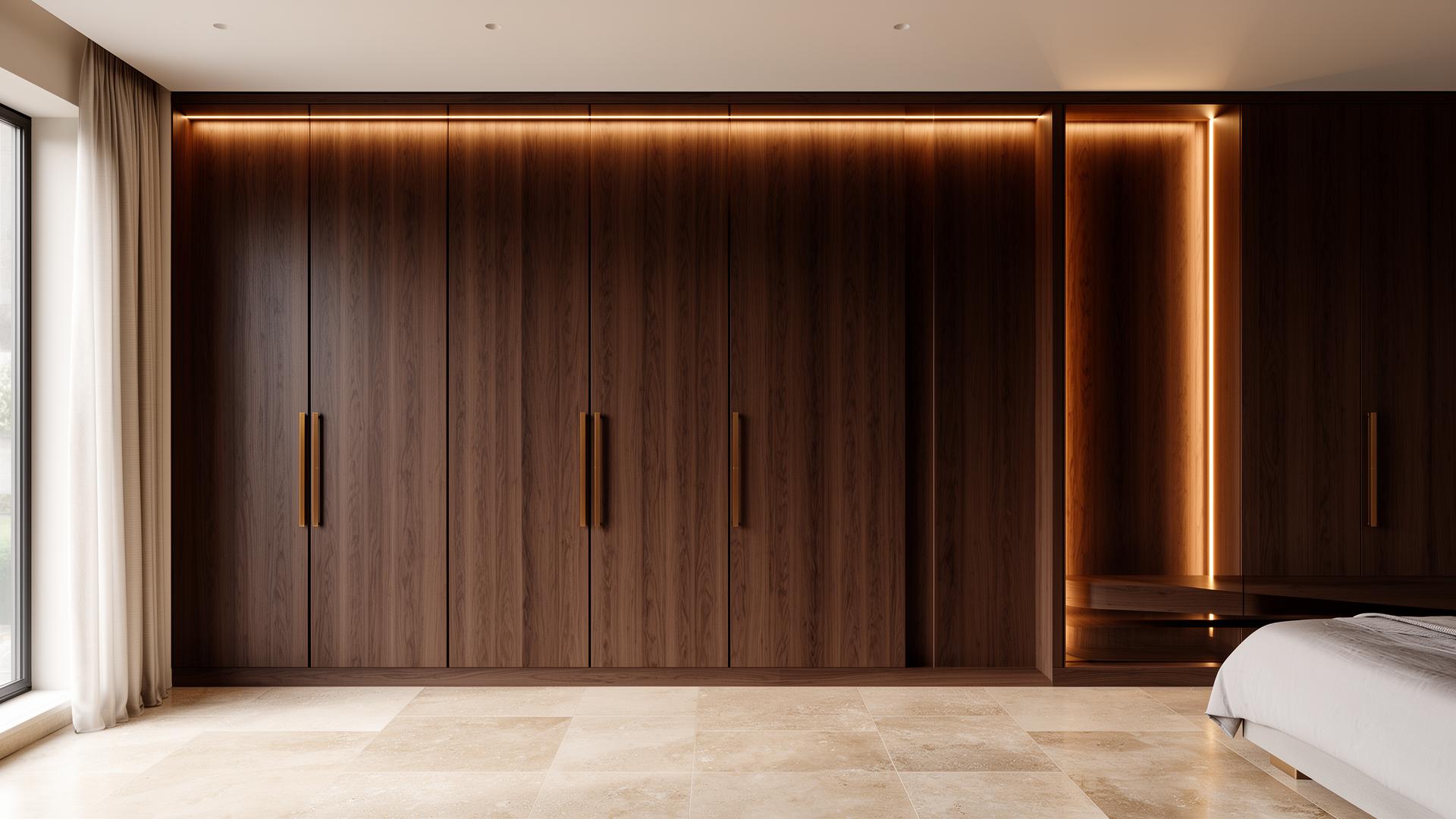 Floor-to-ceiling luxury fitted wardrobes in smoked walnut veneer with bronze handles and integrated LED lighting in a London master bedroom
