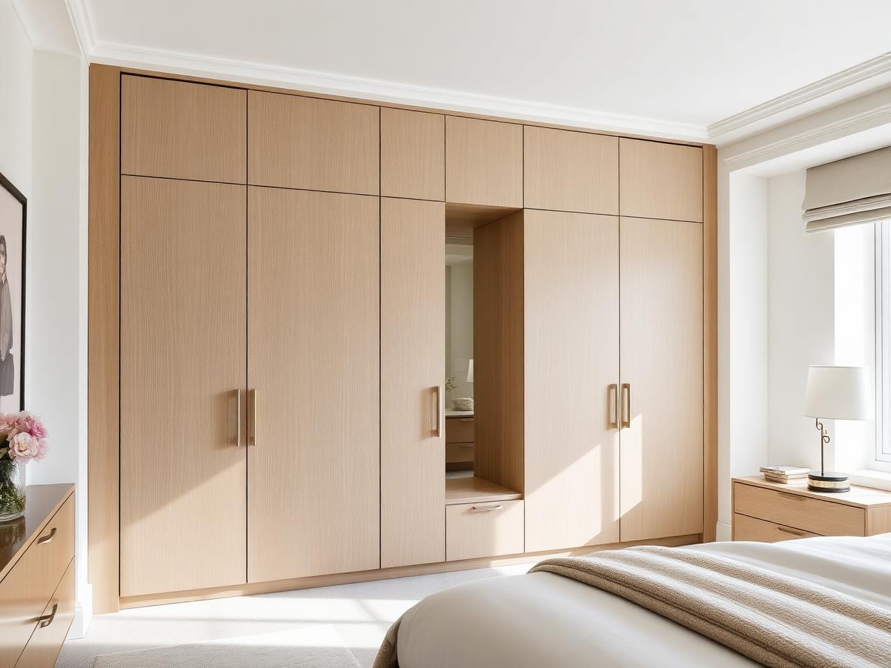 Floor-to-ceiling hinged wardrobe doors in pale European oak veneer with slim recessed pulls in a sunlit London bedroom