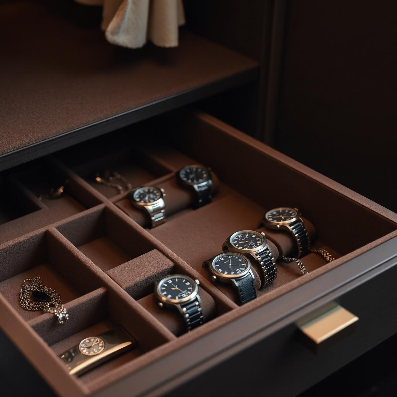 Luxury wardrobe drawer lined with dark taupe suede containing watches and jewellery with brushed bronze dividers
