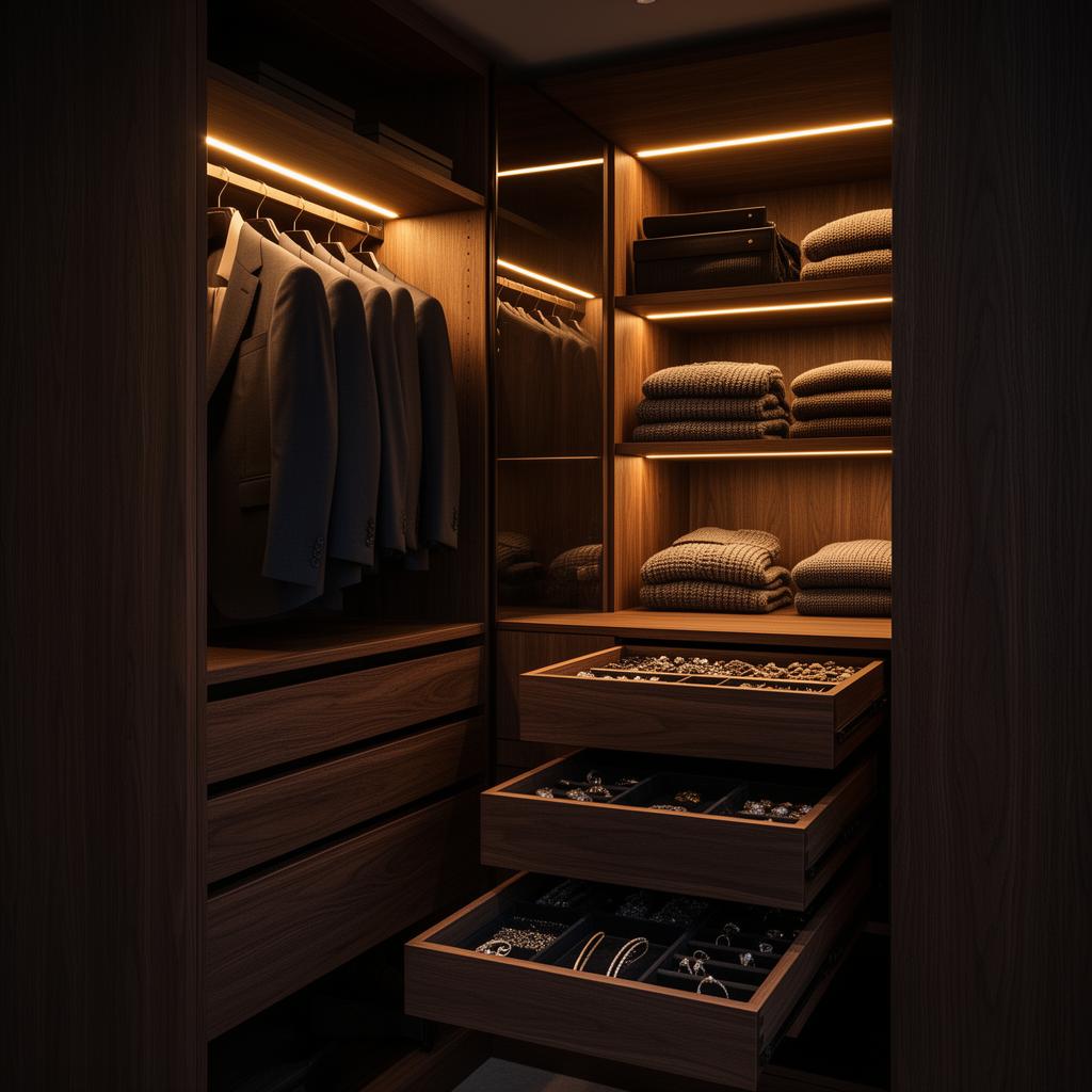 Interior of a luxury fitted wardrobe with warm LED lighting on knitwear shelves, suit hanging and open jewellery drawers