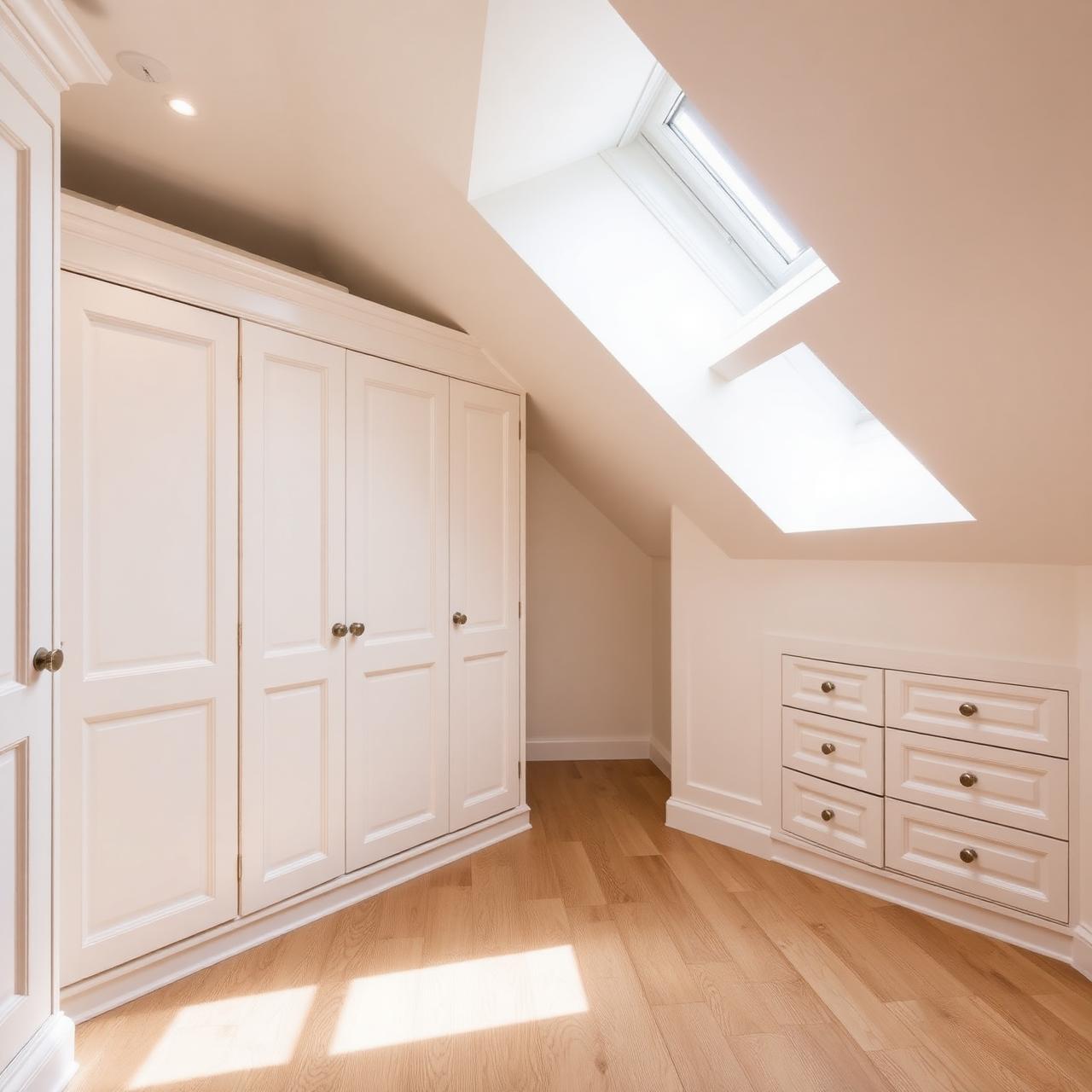 Bespoke painted shaker fitted wardrobes following the slope of a London loft conversion with skylight above