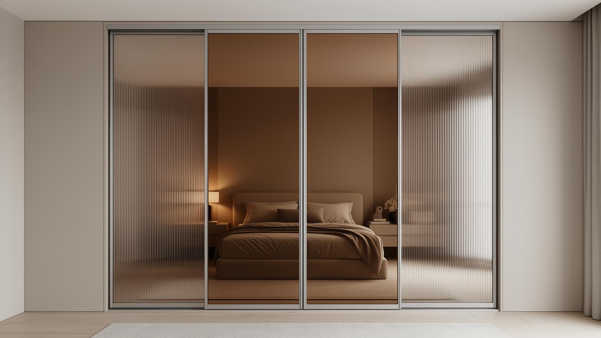 Bronze mirrored and fluted glass sliding wardrobe doors with slim aluminium frames in a softly lit London bedroom