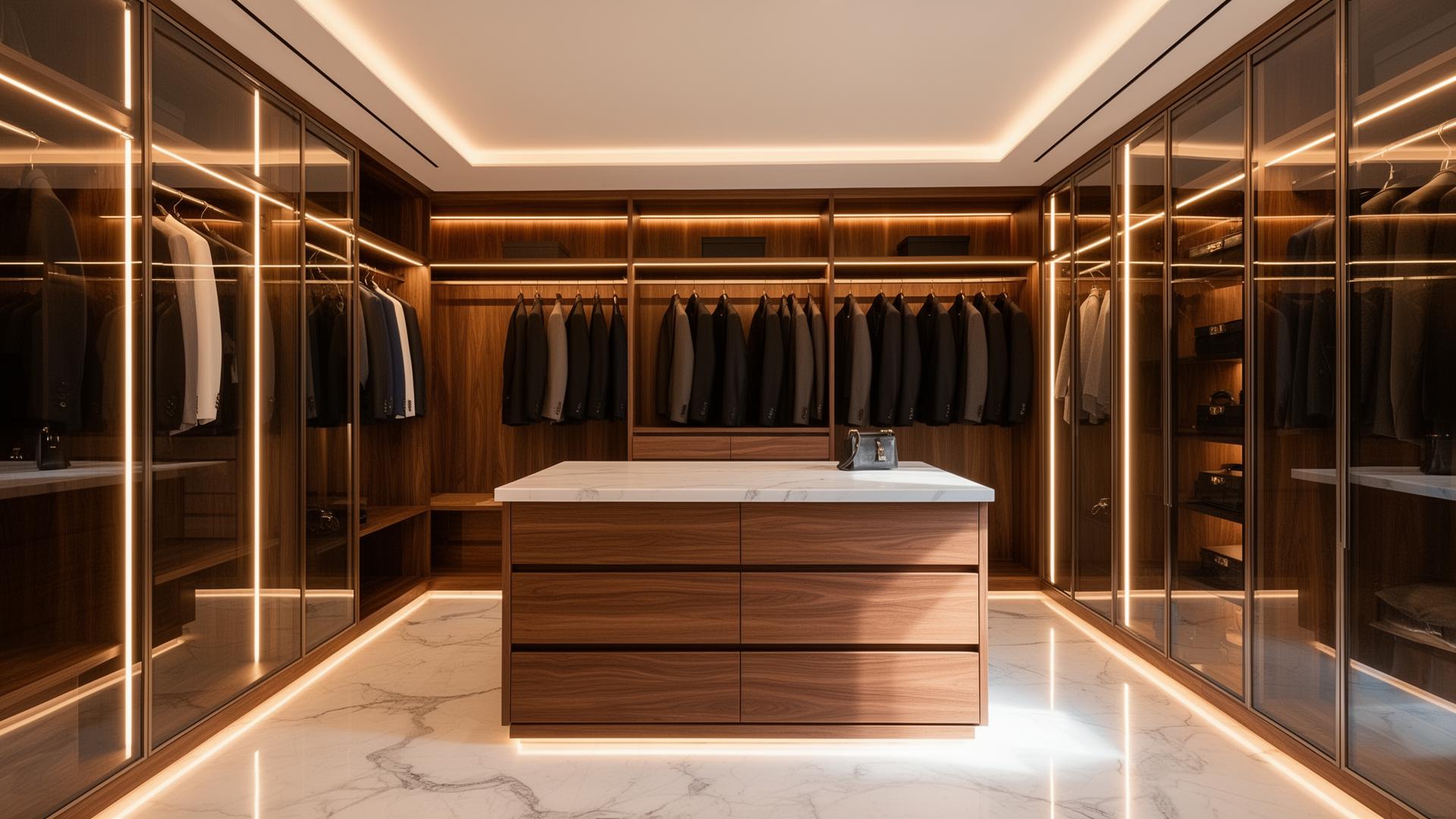 Luxury walk-in wardrobe with walnut veneer, glass-fronted cabinets, marble-topped island drawer unit and integrated LED lighting