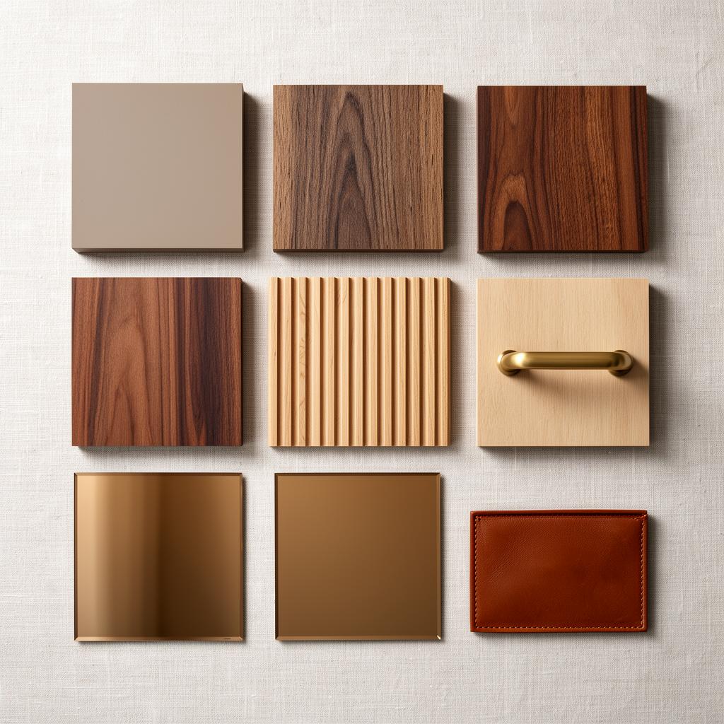 Flat-lay of fitted wardrobe material samples — painted MDF, smoked oak veneer, walnut veneer, fluted timber, bronze mirror, brushed brass handle, leather drawer-front swatch