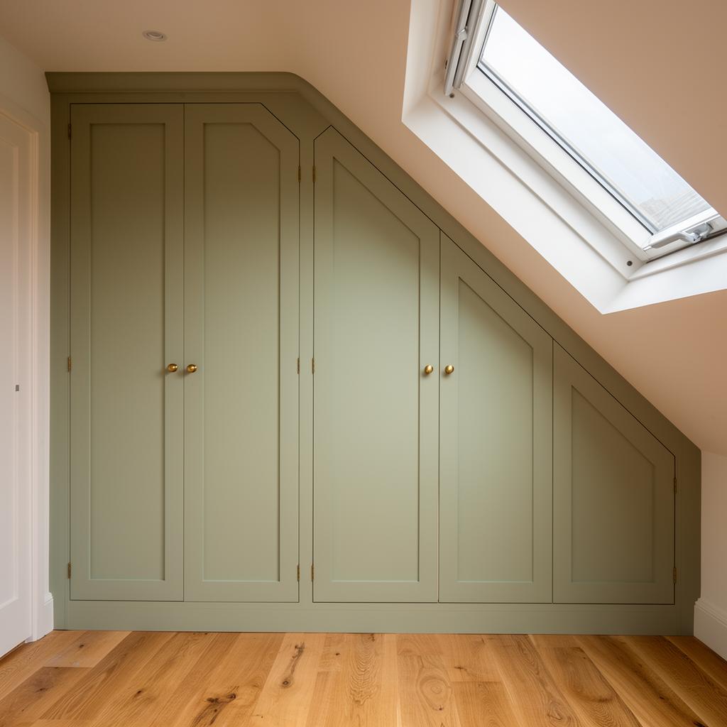 Bespoke painted sage Shaker fitted wardrobes scribed under a sloped loft ceiling with skylight