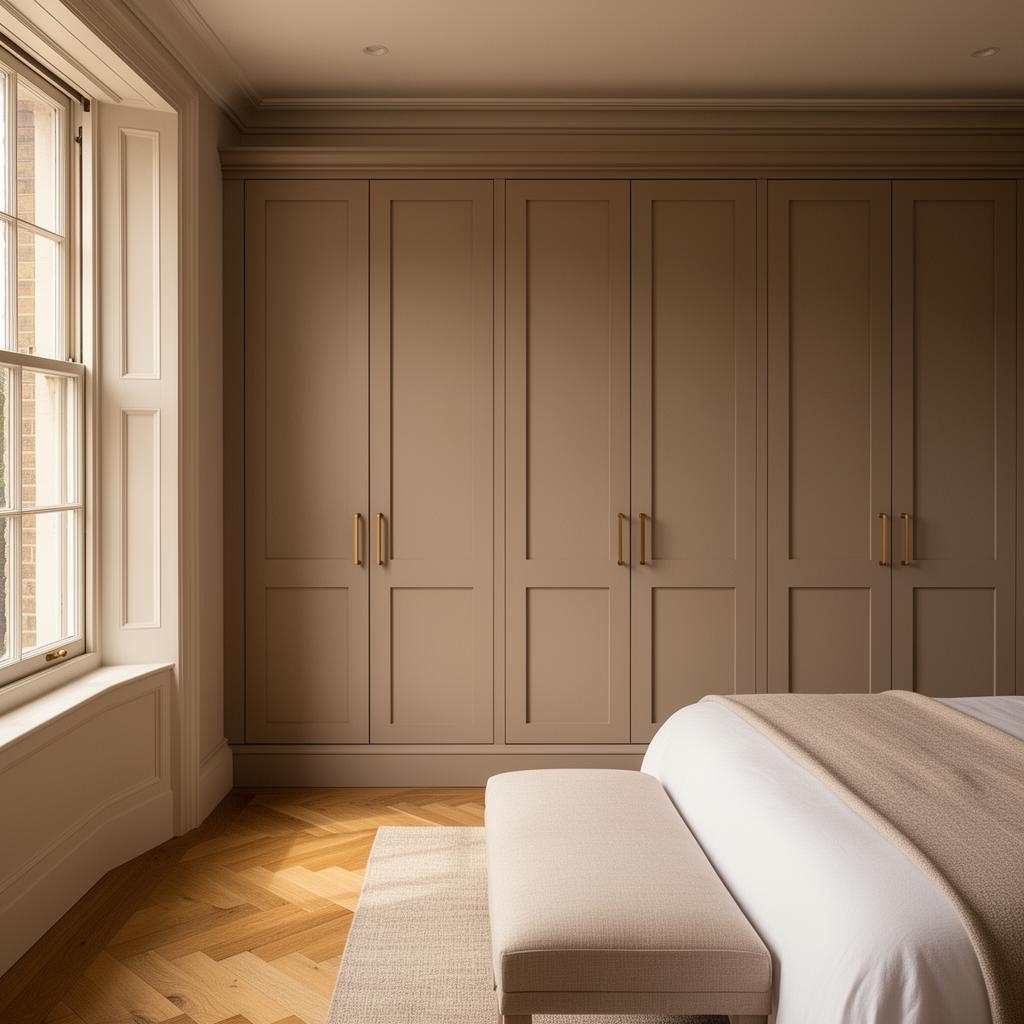 Painted Shaker-style bespoke fitted wardrobe wall in a Georgian London townhouse with brushed brass handles