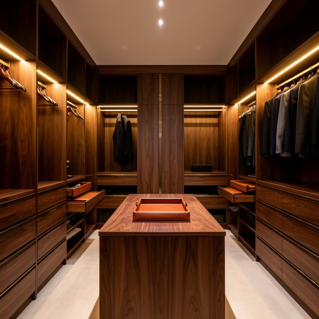 Premium American walnut walk-in wardrobe with central island, LED lighting and leather trays
