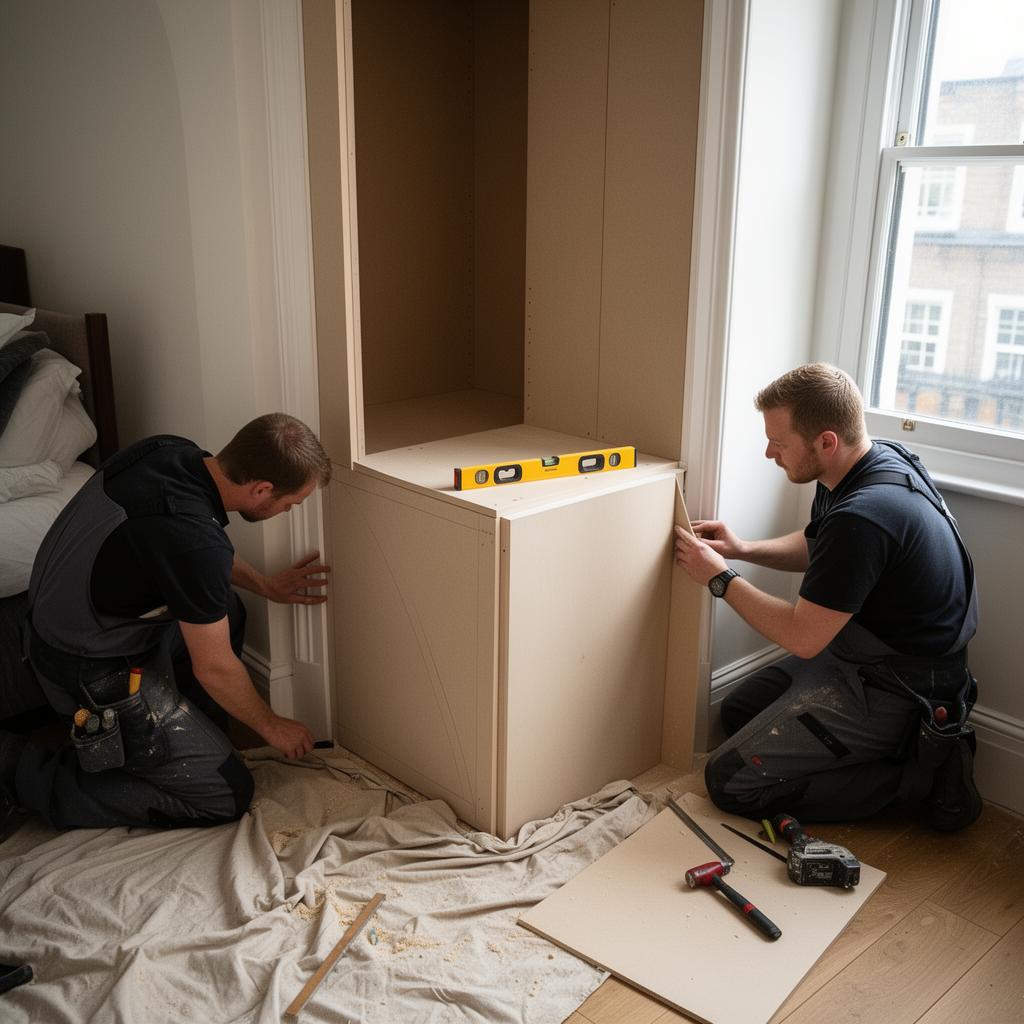 Bravo London installers fitting a bespoke wardrobe carcass with a level into a London bedroom alcove