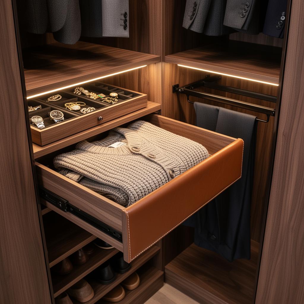 Bespoke walnut wardrobe interior with leather-fronted soft-close drawers, watch trays, pull-out rails and LED lighting