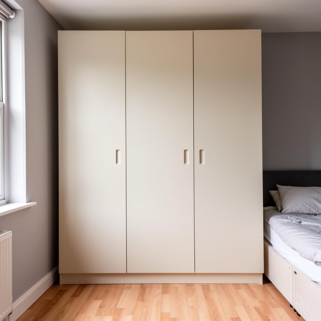 Three-door painted matt fitted wardrobe in a simple London bedroom with light beech floor