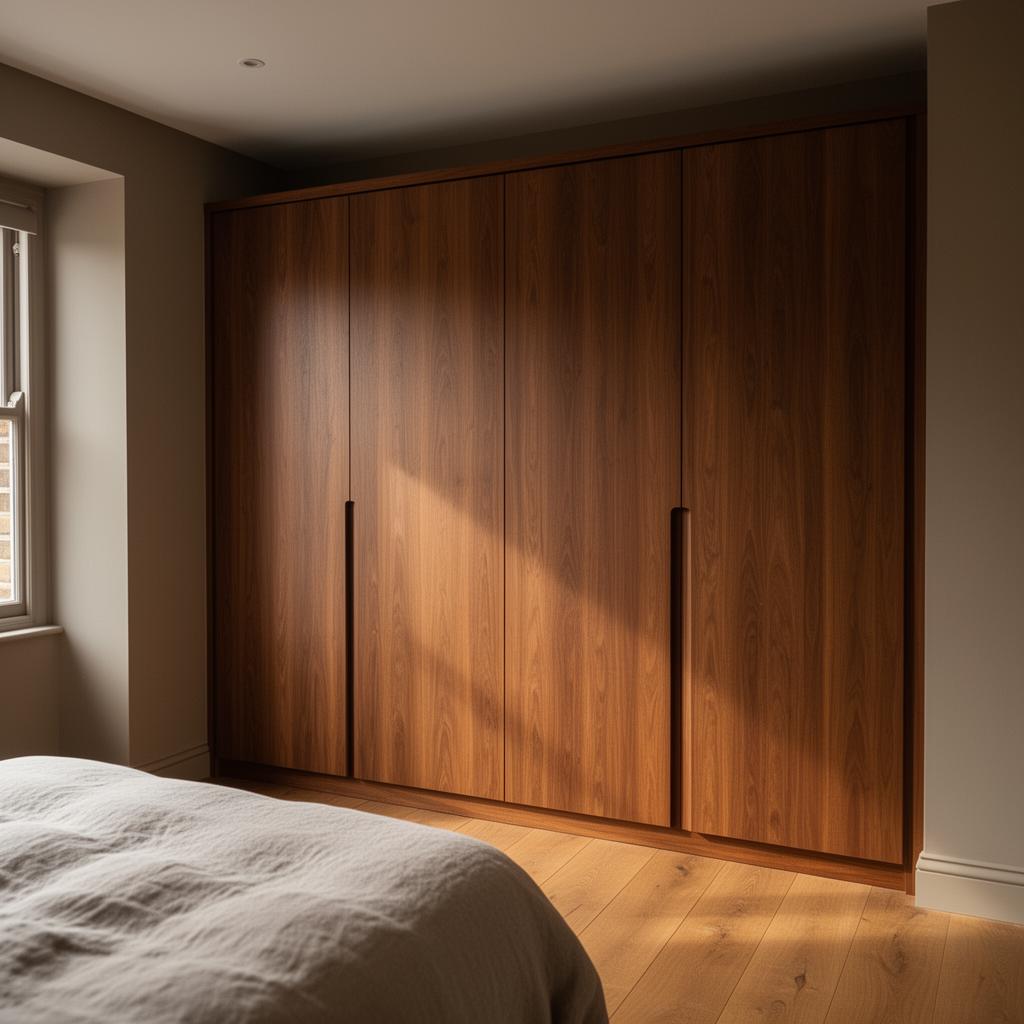 Smoked oak veneer handleless hinged fitted wardrobes in a stylish London primary bedroom
