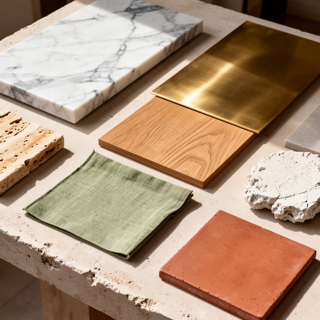 Bravo London material library — marble, oak, brass, plaster, travertine, linen