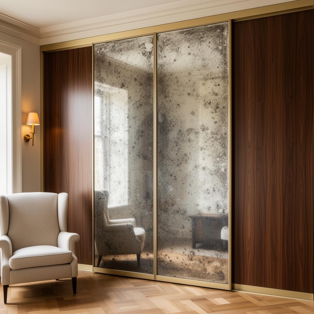 Decorative antique-style mirror panel combined with wood-effect sliding wardrobe doors