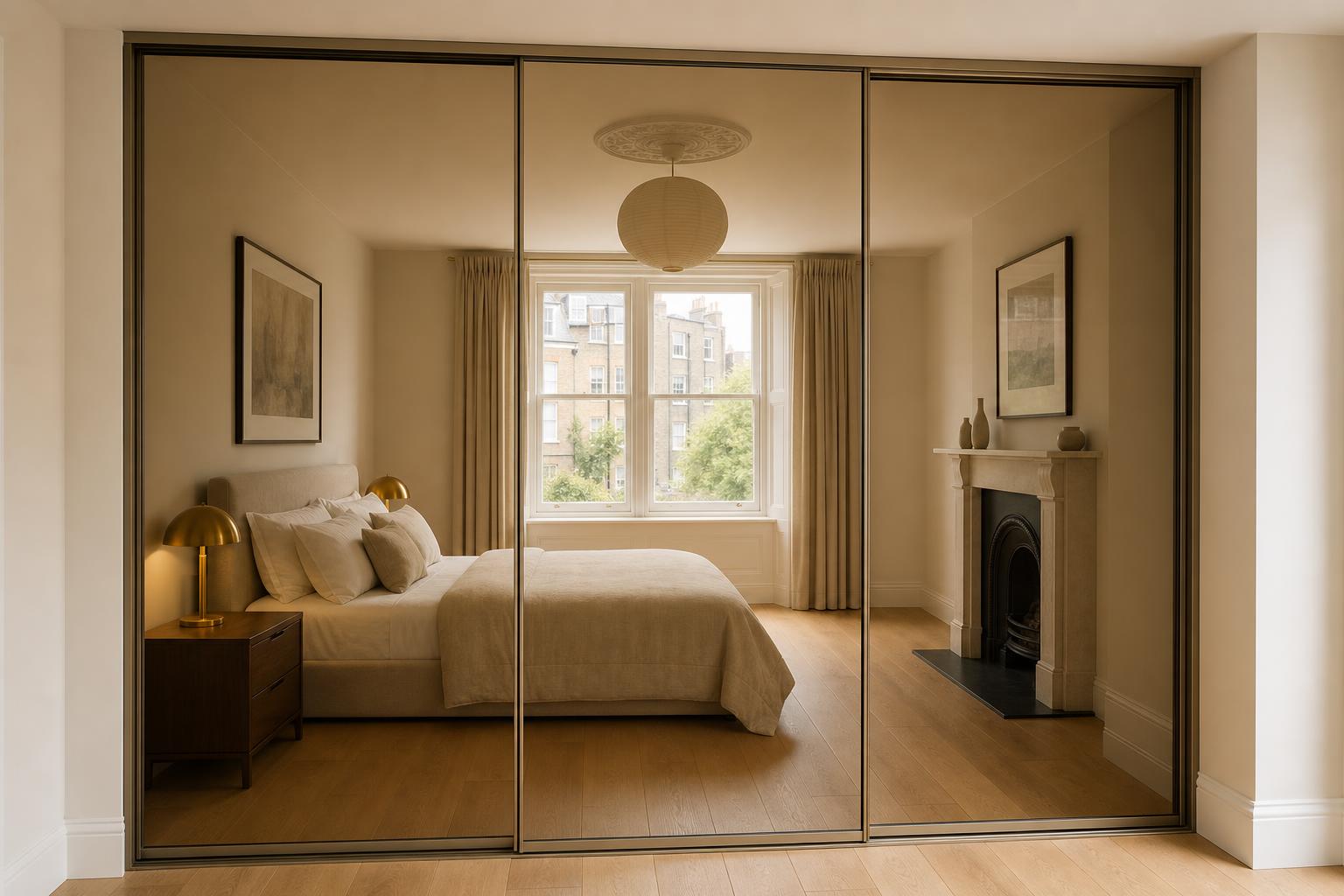 Warm bronze mirror sliding wardrobe doors with champagne frames in a London bedroom