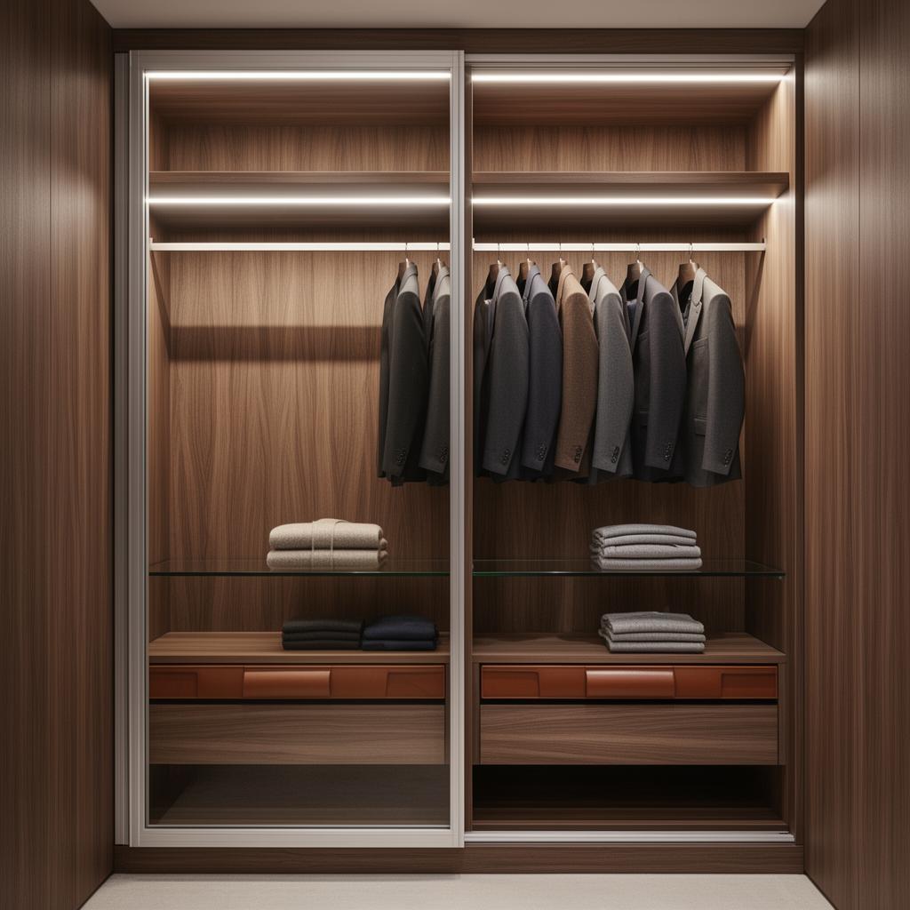 Open mirrored sliding wardrobe with dark linen-effect interior, hanging rails, drawers and warm LED lighting