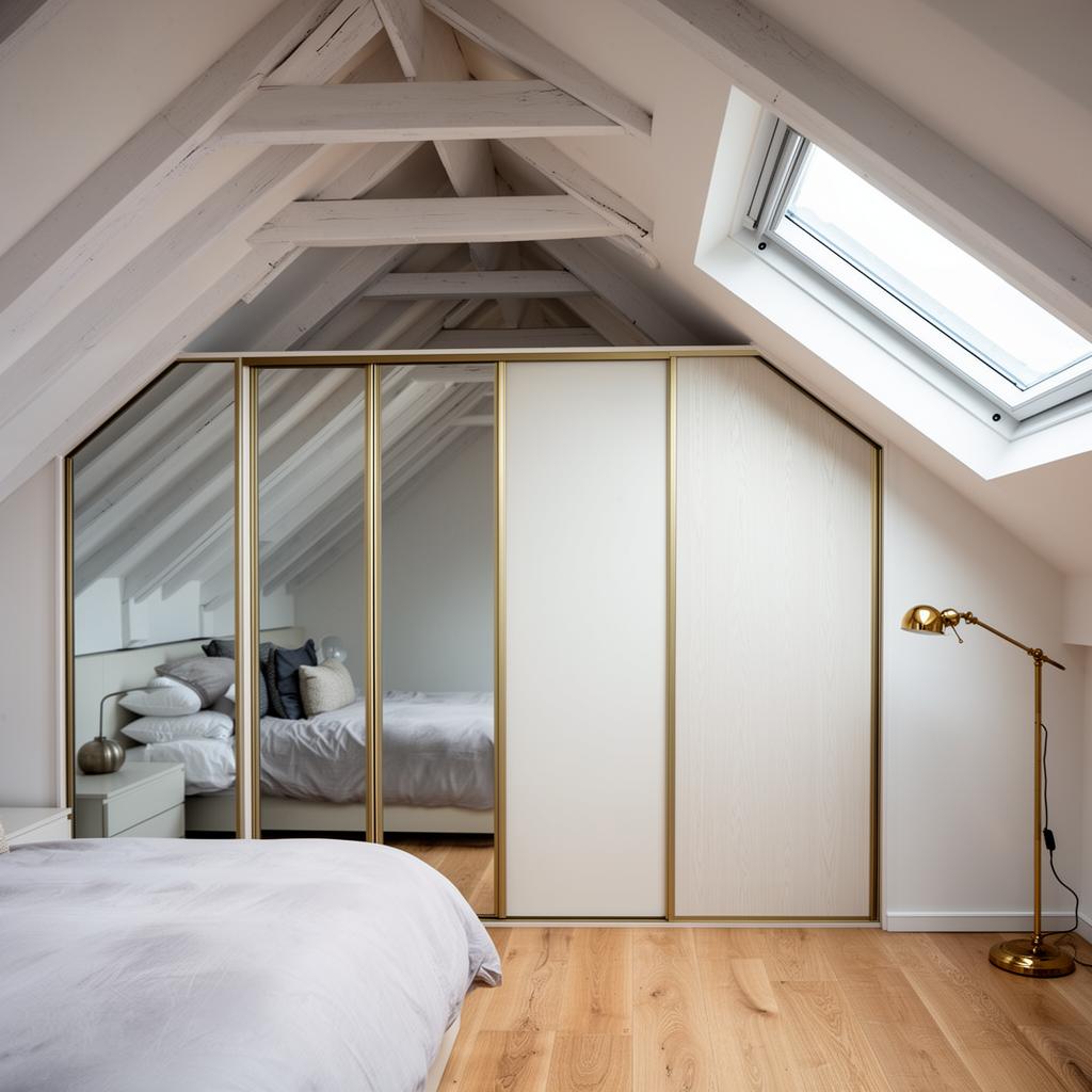 Loft conversion bedroom with mirrored sliding wardrobe doors under sloped ceiling and skylight