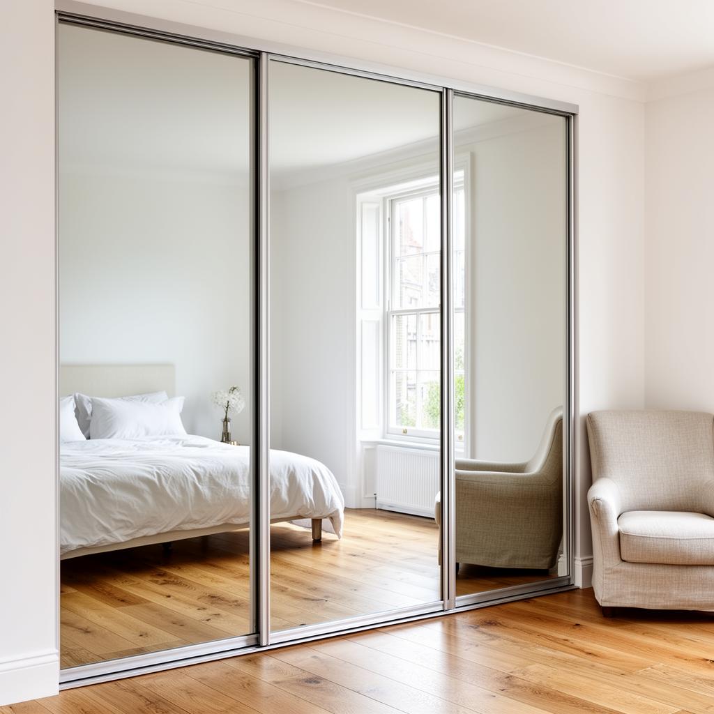 Slim silver-framed classic silver mirror sliding wardrobe door close-up