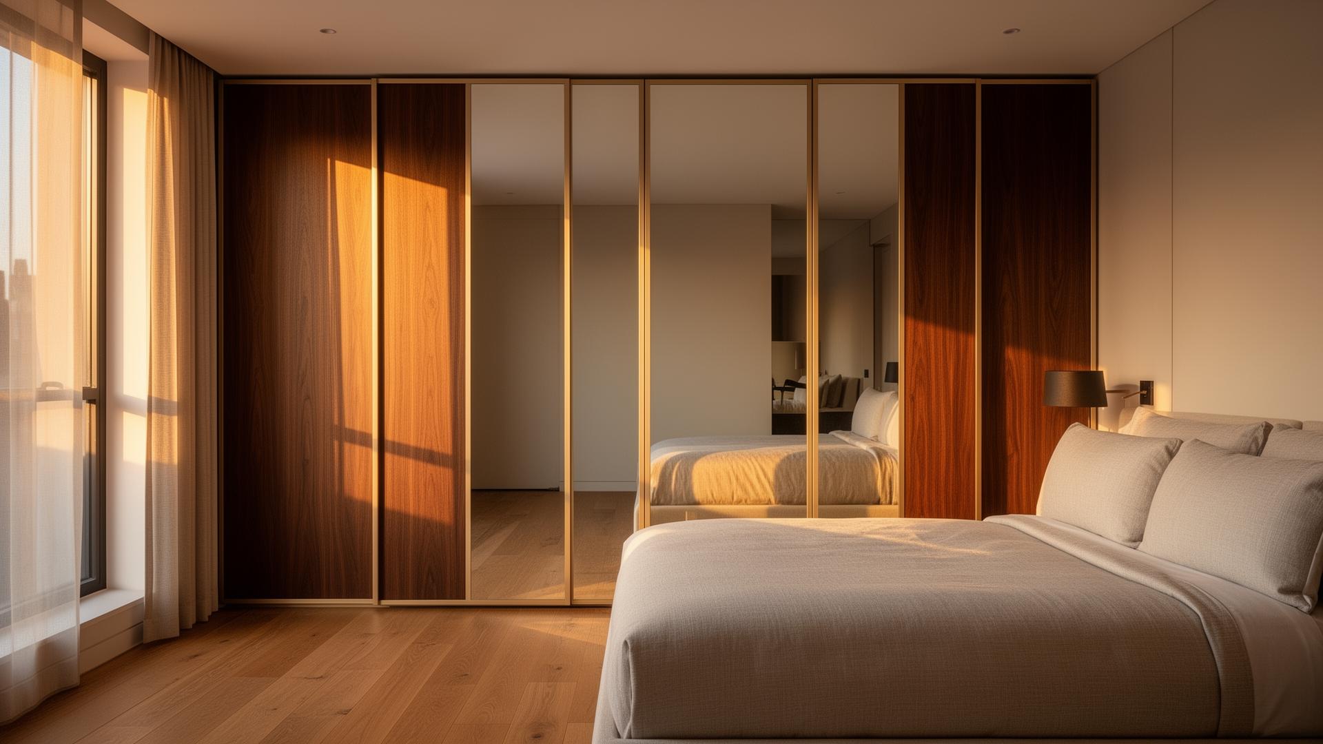 Floor-to-ceiling mirror sliding wardrobe doors with slim bronze frames in a calm London bedroom