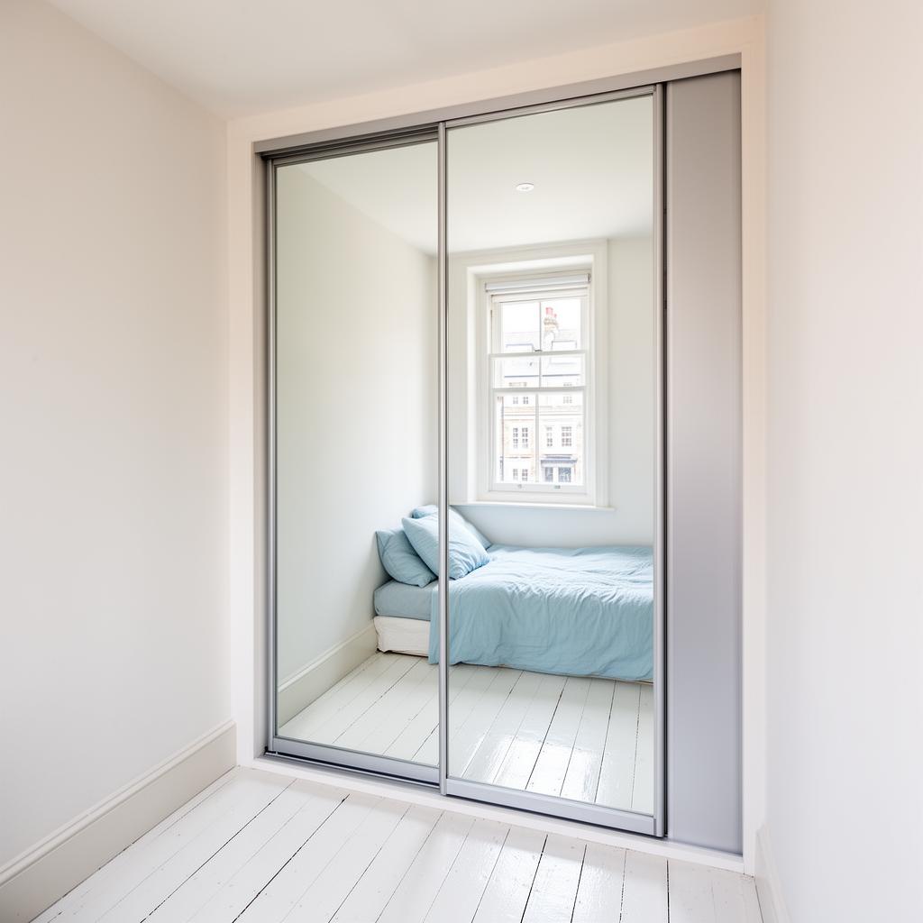 Compact London bedroom with full-height silver mirror sliding wardrobe doors reflecting natural light