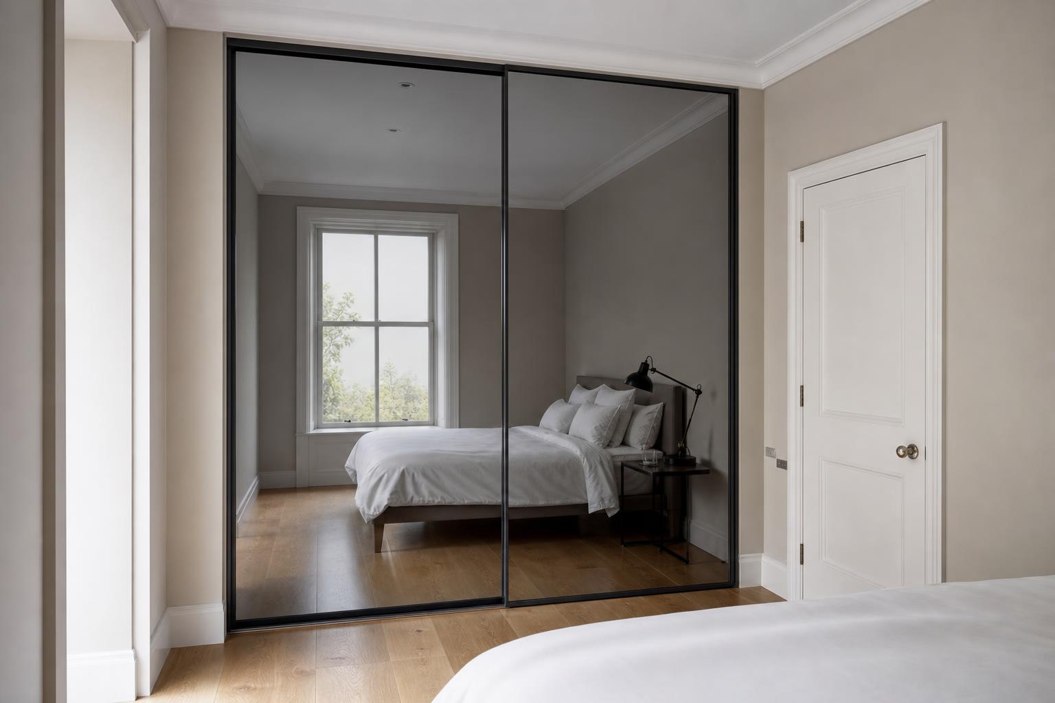 Smoked grey mirror sliding wardrobe doors with slim black aluminium frames