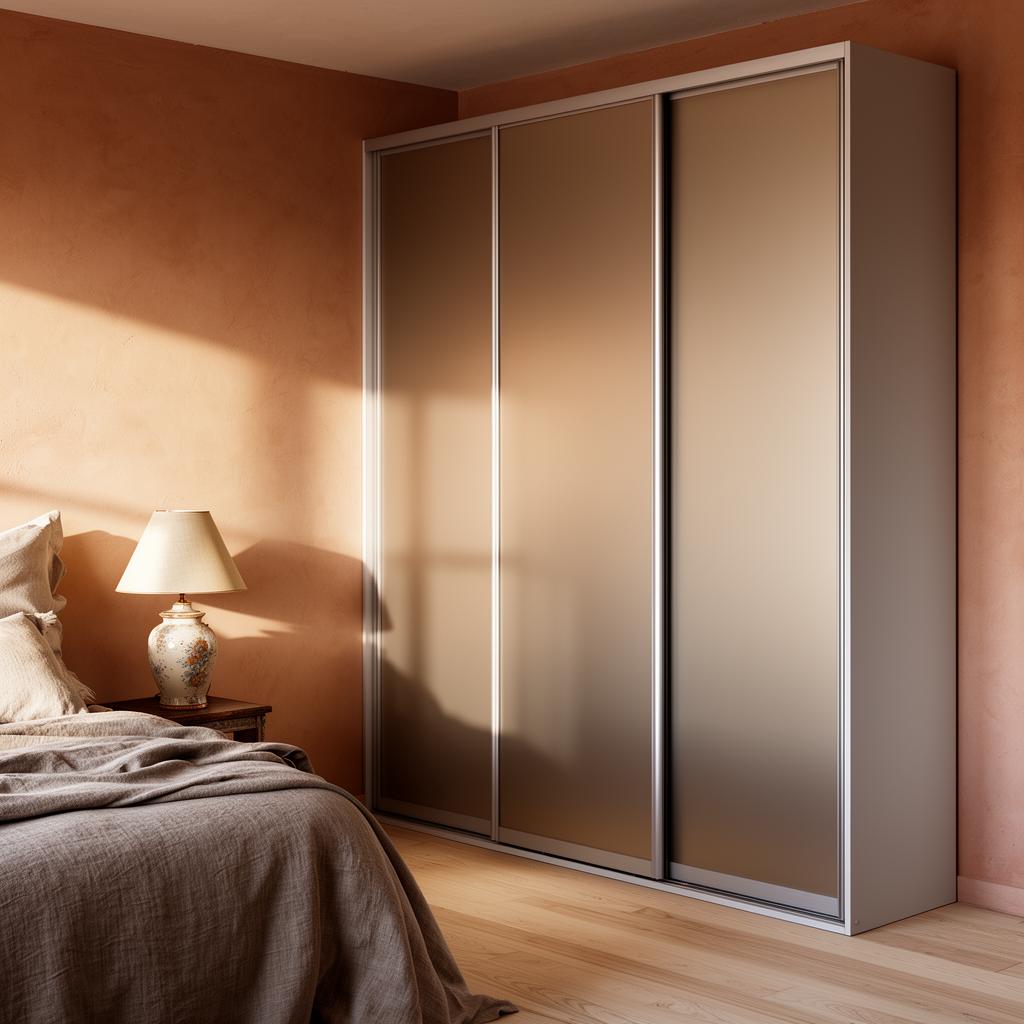 Subtle tinted mirror sliding panels coordinated with warm bedroom palette