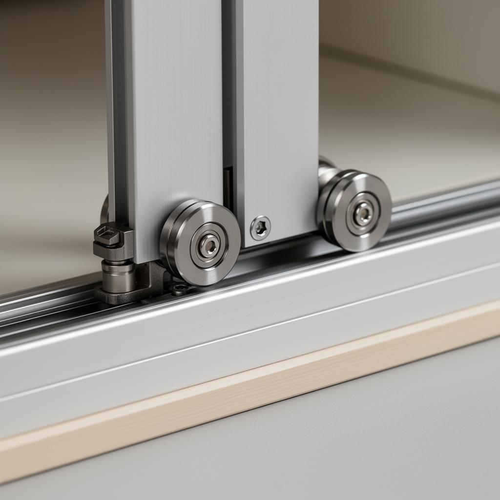 Close-up of slim aluminium sliding wardrobe door track and profile
