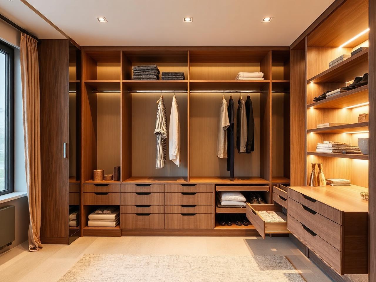 Bespoke sliding wardrobe interior with hanging rails, drawers and integrated LED lighting