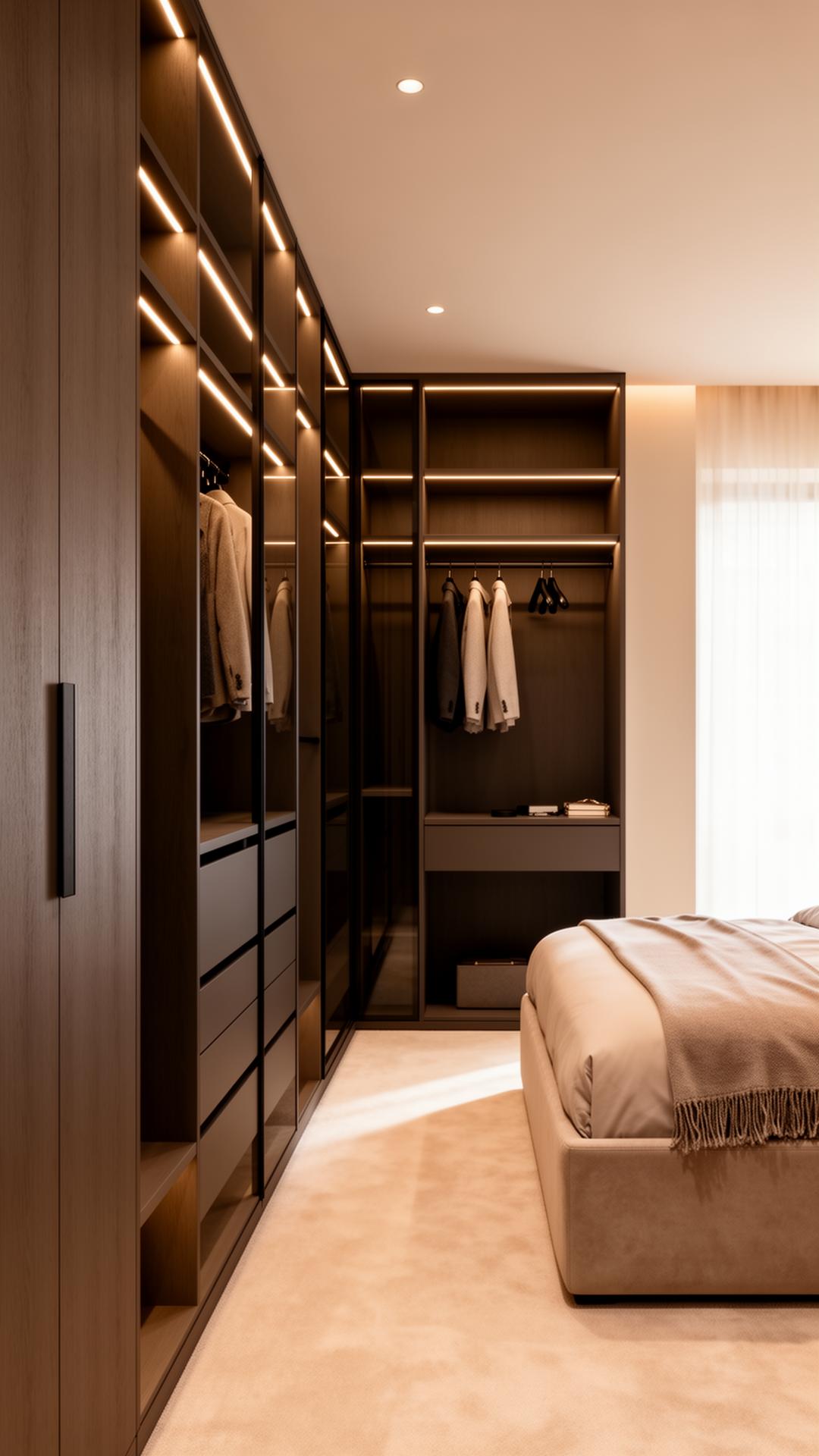 Bespoke luxury walk-in wardrobe in a London master bedroom suite