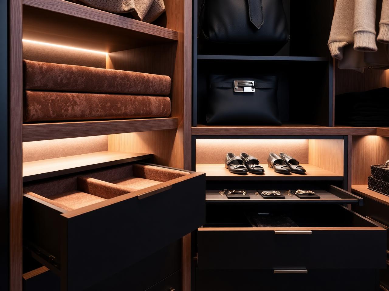 Bespoke walk-in wardrobe interior with velvet drawers, shoe shelves and accessory storage