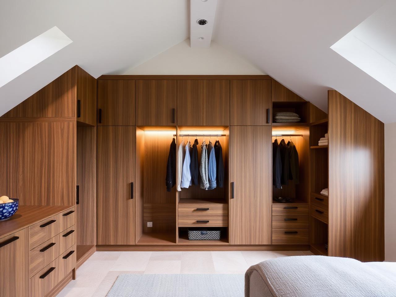 Made-to-measure walk-in wardrobe fitted around a sloped loft ceiling